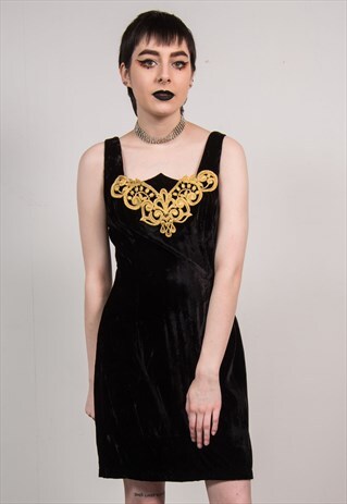 VINTAGE 90'S BLACK VELVET GOLD LACE SLEEVELESS MINI DRESS