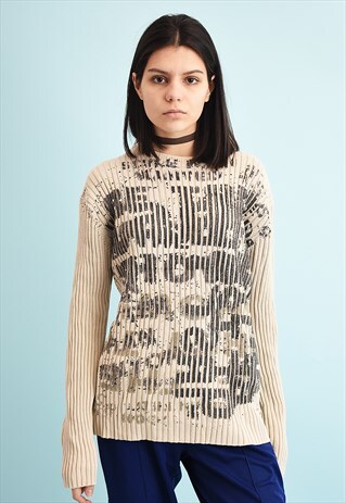 Y2K NEUTRAL RIBBED ABSTRACT PRINT TEEN JUMPER