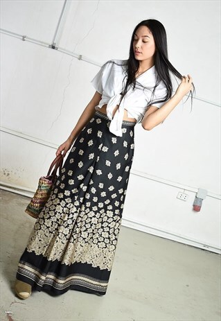 VINTAGE 70S RETRO MAXI PARIS CHIC SKIRT BLACK FLORAL PRINT
