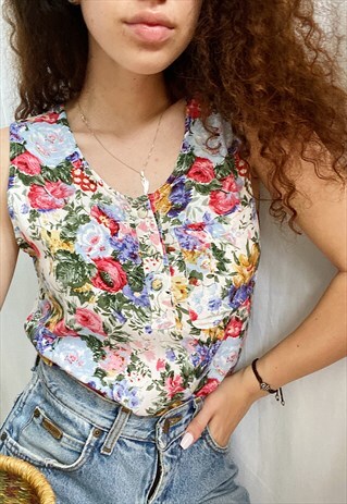 VINTAGE 80S BOTANICA ENGLISH GARDEN PRINT BOHEME BLOUSE TOP