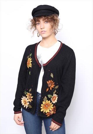 VINTAGE 90S SUNFLOWER EMBROIDERED KNIT CARDIGAN