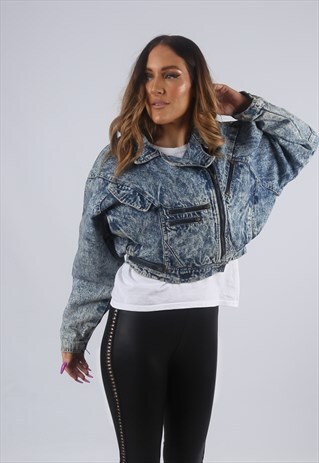 VINTAGE DENIM JACKET OVERSIZED CROPPED ACID WASH UK 14 (GK4D