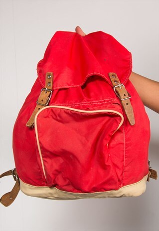 VINTAGE 90'S RED WITH LEATHER STRAPS RUCKSACK BACKPACK