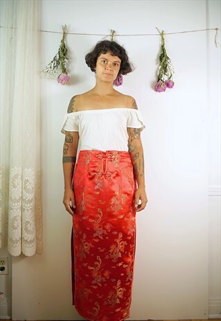 CHINESE LOOK LONG RED SKIRT DRAGON AND BIRDS EMBROIDERIES