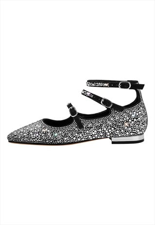 Rhinestone Strap Square Toe Buckle Flats