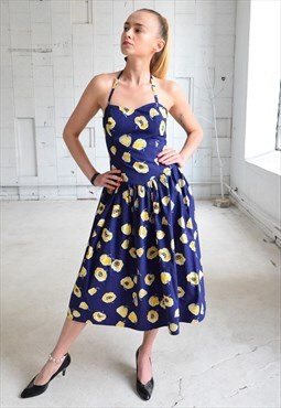 Navy Vintage Dress with Yellow Flowers 90s.