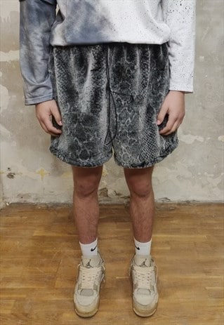Python fleece shorts handmade snake fur cargo overalls grey