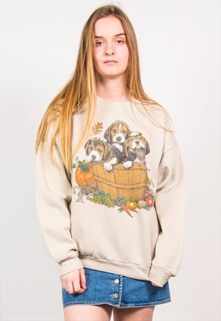 VINTAGE 90'S BEIGE PUPPY DOGS PRINT SWEATSHIRT