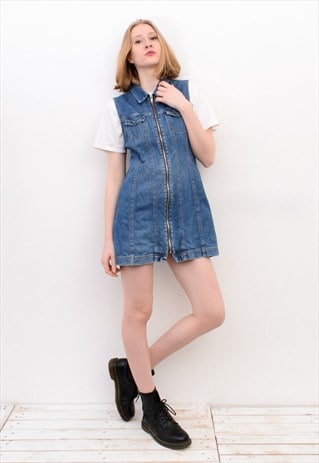 VINTAGE 90'S ZIP UP DENIM MINI DRESS SUMMER DRESS SARAFAN 