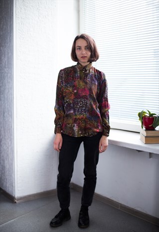 VINTAGE 80'S MULTICOLOUR FLOWER PRINT BLOUSE