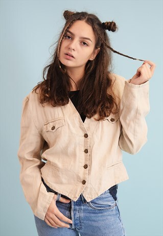 90'S RETRO WESTERN STYLE BEIGE LINEN CROPPED SCANDI JACKET