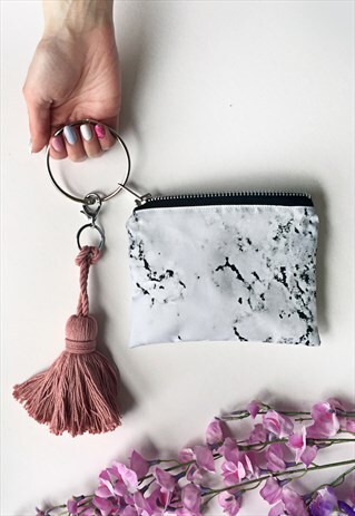 MINIMAL MARBLE TRAVEL ZIPPER POUCH WITH DUSK PINK TASSEL