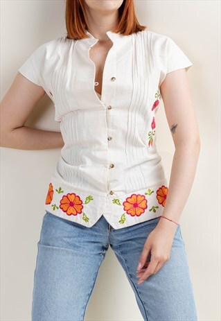 VINTAGE 70S BOHO HIGH NECK SLEEVELESS FLORAL EMBROIDERY TOP