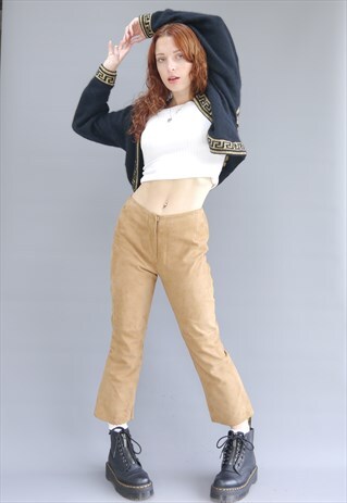 VINTAGE 90S BEIGE SUEDE LEATHER CROP FLARED TROUSERS