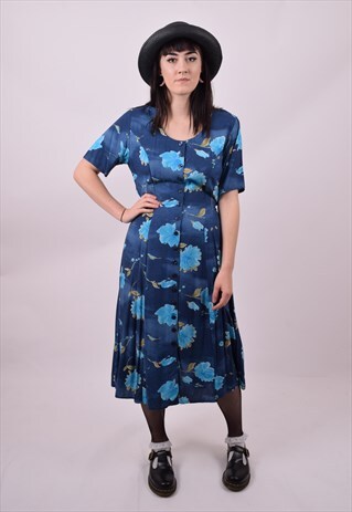 VINTAGE 90'S BLUE FLOWER GRUNGE FULL LENGTH DRESS 10 12 14