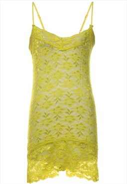 Vintage Lime Green Sheer Floral Lace Slip Dress - S