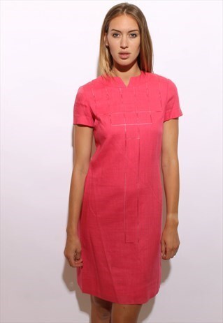 VINTAGE 1950S 50S HOT PINK LINEN FITTED MIDI DRESS S-M