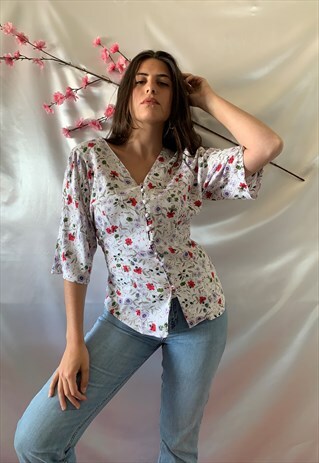 VINTAGE 90S WHITE FLORAL PRINT SHIRT WITH SHORT SLEEVE