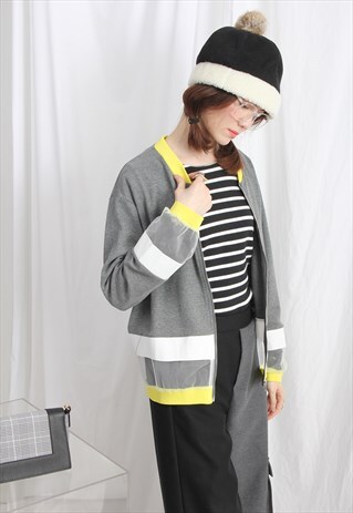 (KOREAN) BOLD STRIPE TEXTURAL KNIT JACKET WITH MESH INSERTS