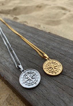 Silver North Star Compass Necklace with a 2mm Cuban chain