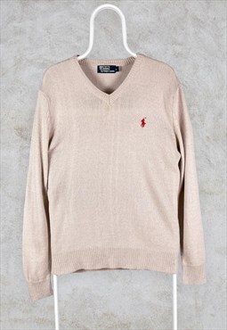 Vintage Beige Polo Ralph Lauren Jumper Lambswool Wool Large