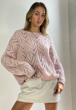 Vintage Y2k Knitted Cable Knit Jumper Sweater Pink Cottage