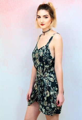 1990S VINTAGE GREEN FLORAL WRAP MINI DRESS