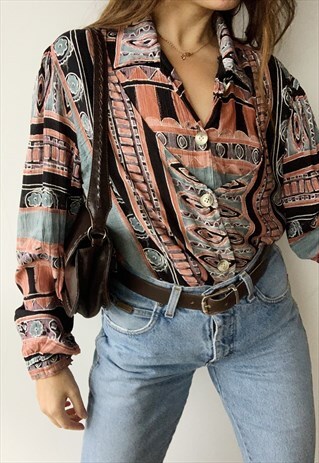 VINTAGE 80S ETHNIC BOHO PARISIAN CHIC SHIRT TOP BLOUSE