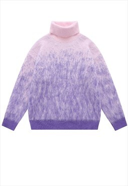 Fluffy turtleneck sweater gradient knitted jumper in purple