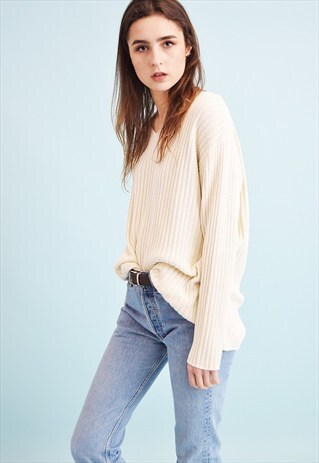 90'S RETRO MINIMALIST KNIT OFF-WHITE RIBBED JUMPER TOP