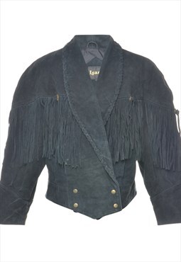 Beyond Retro Vintage Popper Front Black Tassel Suede Jacket 
