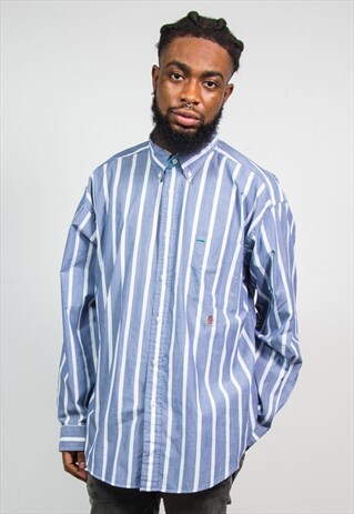 90'S TOMMY HILFIGER VINTAGE BLUE WHITE STRIPED SHIRT