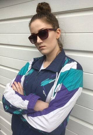 WOMENS VINTAGE 80S PURPLE BLUE WHITE SHELL SUIT JACKET TOP