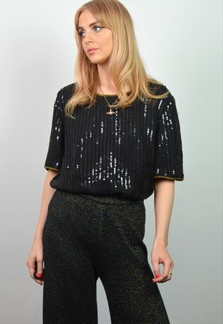 VINTAGE 90S OVERSIZED BLACK & GOLD SEQUIN BEADED TOP