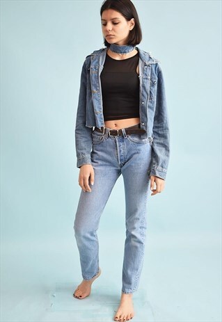 90'S RETRO DISTRESSED DENIM CROPPED JACKET & CHOKER SET