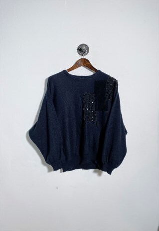 VINTAGE 90S BLACK VELVET PATCHWORK BEADED BATWING JUMPER