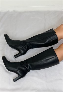 Vintage Black Real Leather Knee High Wide Calf Boots