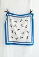 VINTAGE 80S SQUARE BIRDS DESIGN SCARF IN WHITE AND BLUE