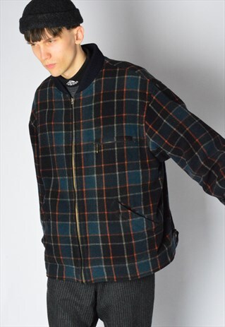 VINTAGE 80S NAVY BLUE CHECK CASHMERE WOOL BLEND JACKET