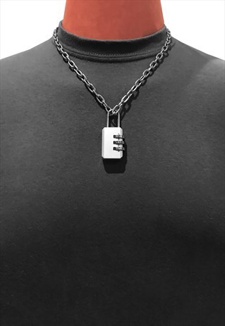 24" DIGIT PADLOCK PENDANT OVAL NECKLACE CHAIN - SILVER