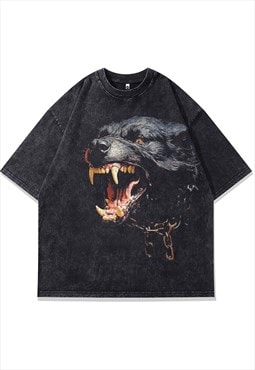 Fang print t-shirt Gothic wolf tee metalcore top acid grey