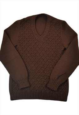 Vintage V-Neck Knitted Jumper Cable Knit Brown Ladies Medium