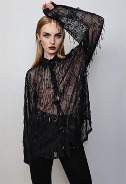 Transparent mesh shirt long sleeve tassels top sheer blouse