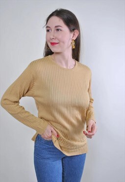 Women vintage beige striped rhinestones sweatshirt 