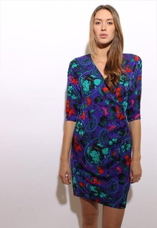 VINTAGE 1980'S 80'S PURPLE SILK FLORAL SURPLICE DRESS M-L