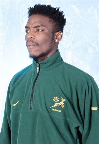 VINTAGE NIKE GREEN 1/4 ZIP SOUTH AFRICAN RUGBY FLEECE JUMPER