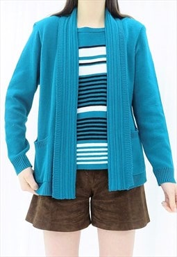 90s Vintage Striped Blouse & Turquoise Cardigan Set (Size M)