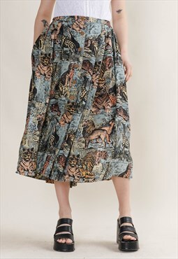Vintage 80s Pleated Button Up Wildlife Pattern Skirt L