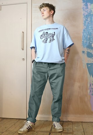Cord Drawstring Trousers in blue green grey