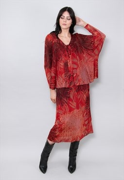 70's Ladies Vintage Dress Caped Slinky Burgundy Floral Midi